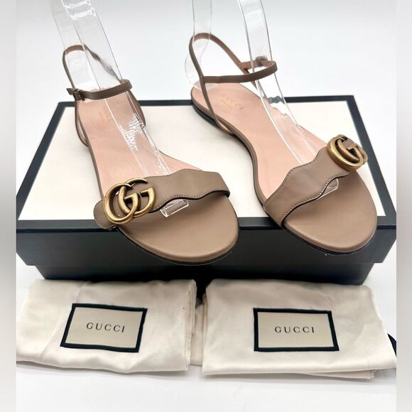 Gucci GG Leather Marmont Ankle Buckle Sandals Scalloped Mud Flat Heel EU37 US7 - Picture 1 of 13